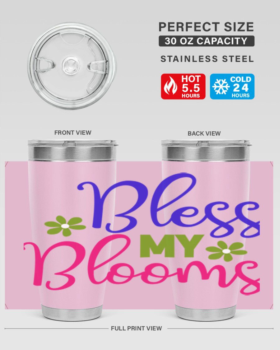 Bless My Blooms 20oz Tumbler featuring double wall vacuum stainless steel and a floral design, perfect for hot and cold beverages.