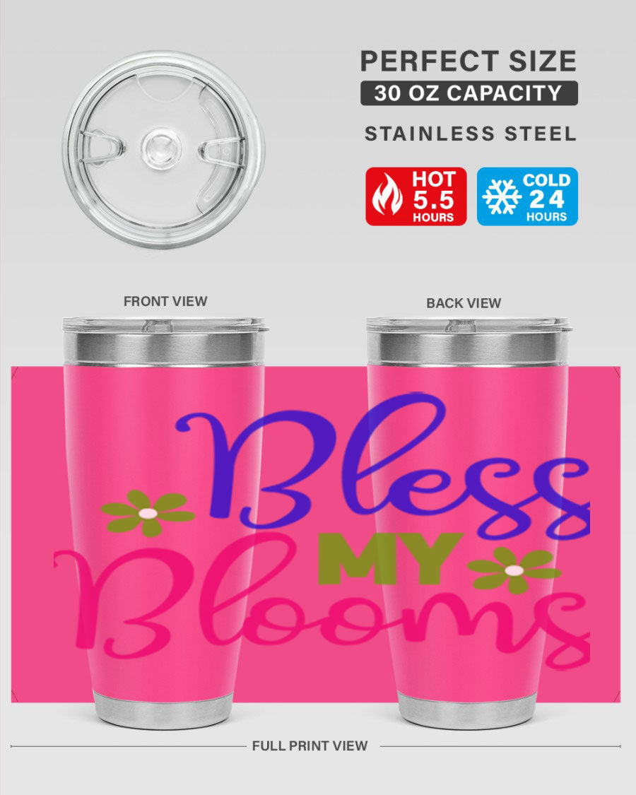 Bless My Blooms 20oz Tumbler featuring double wall vacuum stainless steel and a floral design, perfect for hot and cold beverages.