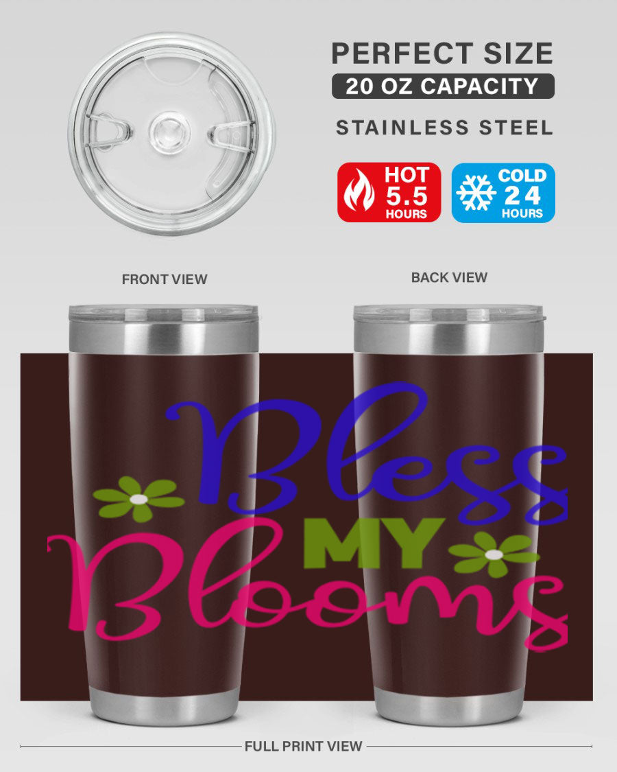 Bless My Blooms 20oz Tumbler featuring double wall vacuum stainless steel and a floral design, perfect for hot and cold beverages.