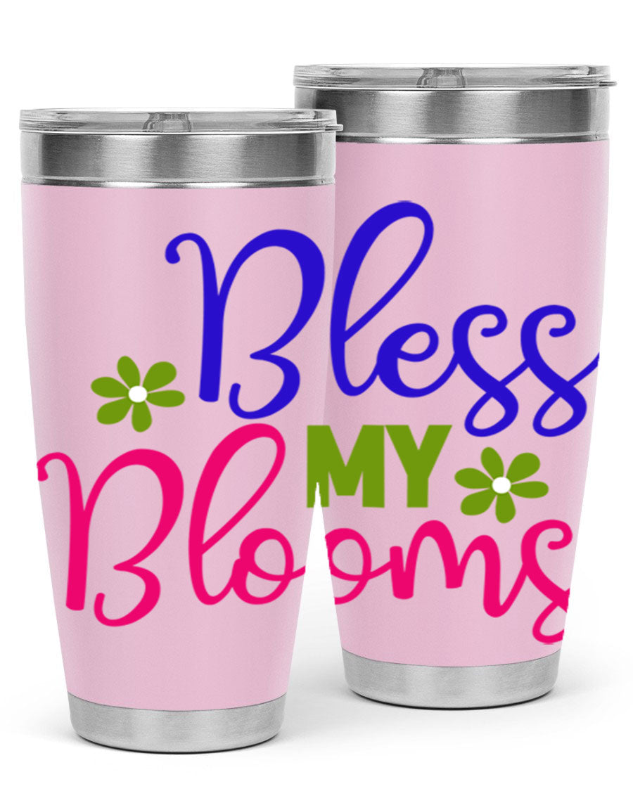 Bless My Blooms 20oz Tumbler featuring double wall vacuum stainless steel and a floral design, perfect for hot and cold beverages.