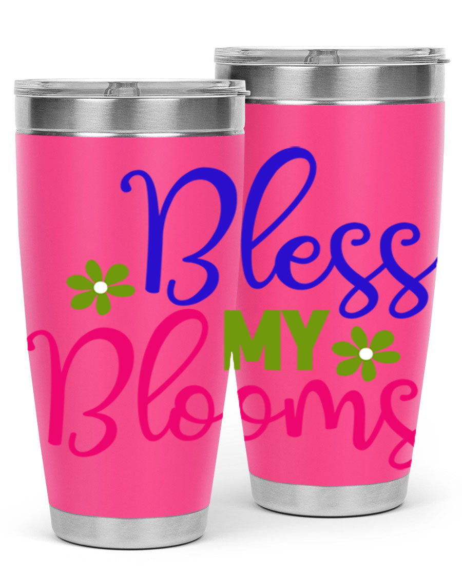 Bless My Blooms 20oz Tumbler featuring double wall vacuum stainless steel and a floral design, perfect for hot and cold beverages.