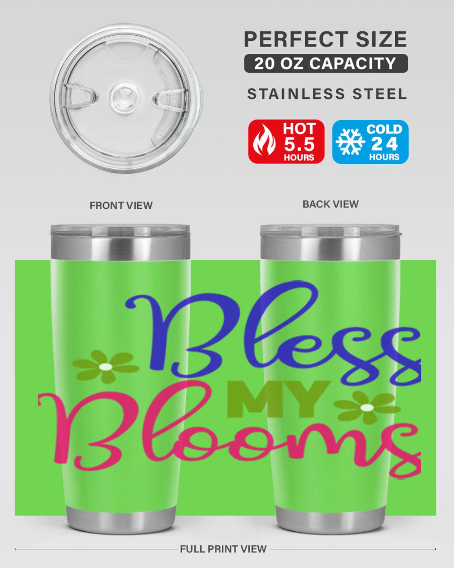 Bless My Blooms 20oz Tumbler featuring double wall vacuum stainless steel and a floral design, perfect for hot and cold beverages.