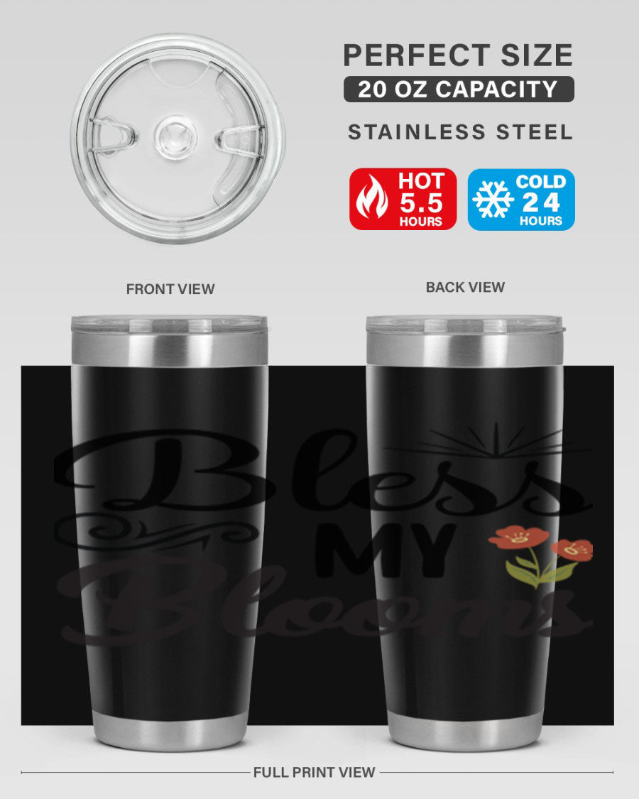 Bless My Blooms 20oz Tumbler featuring double wall vacuum stainless steel with floral design.