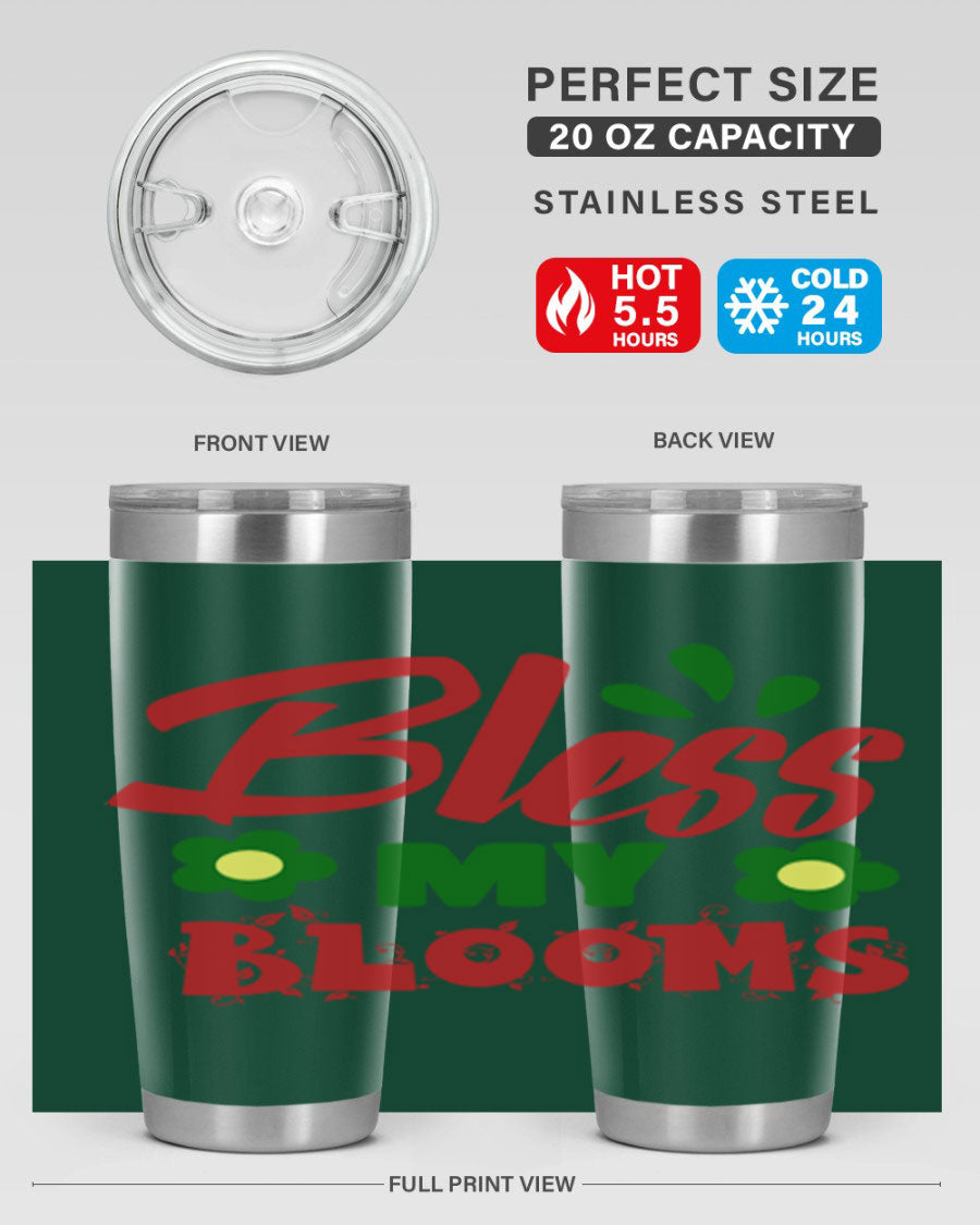 Bless My Blooms 20oz Tumbler featuring double wall vacuum stainless steel with a floral design, perfect for hot and cold beverages.