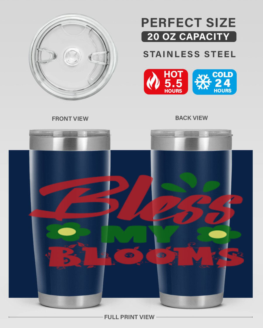 Bless My Blooms 20oz Tumbler featuring double wall vacuum stainless steel with a floral design, perfect for hot and cold beverages.