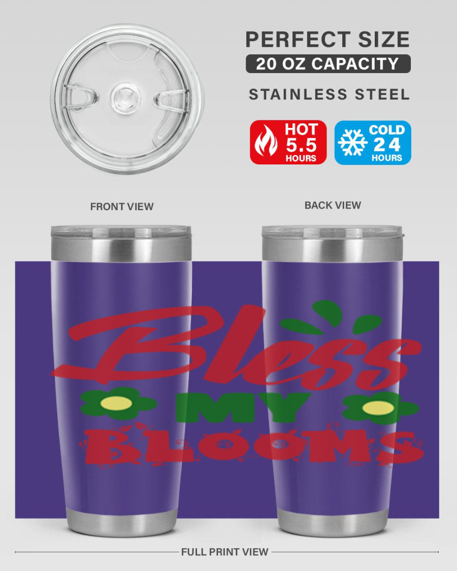 Bless My Blooms 20oz Tumbler featuring double wall vacuum stainless steel with a floral design, perfect for hot and cold beverages.