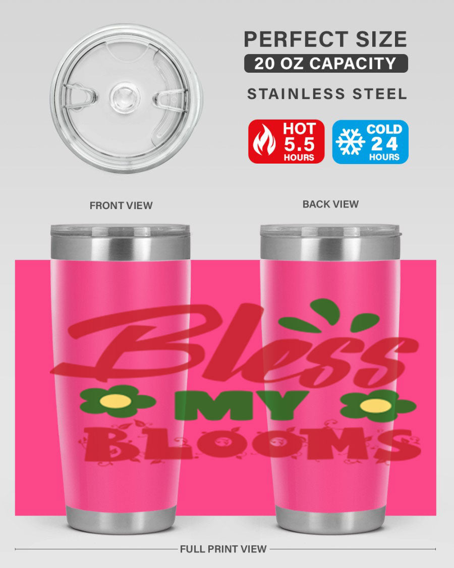 Bless My Blooms 20oz Tumbler featuring double wall vacuum stainless steel with a floral design, perfect for hot and cold beverages.