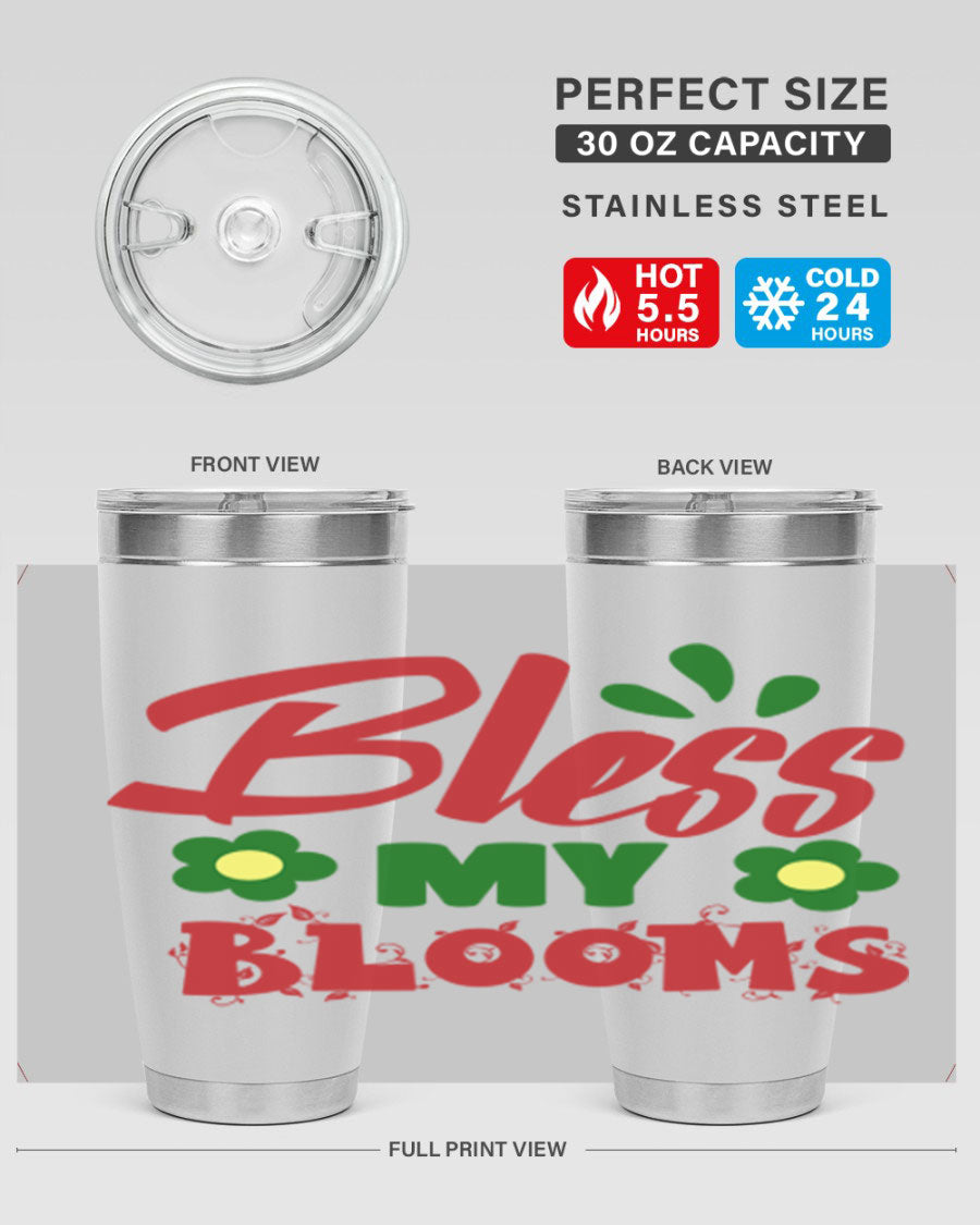 Bless My Blooms 20oz Tumbler featuring double wall vacuum stainless steel with a floral design, perfect for hot and cold beverages.