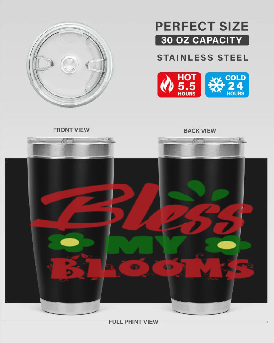 Bless My Blooms 20oz Tumbler featuring double wall vacuum stainless steel with a floral design, perfect for hot and cold beverages.