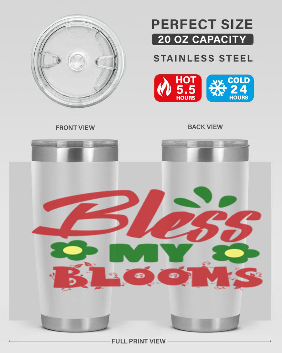 Bless My Blooms 20oz Tumbler featuring double wall vacuum stainless steel with a floral design, perfect for hot and cold beverages.