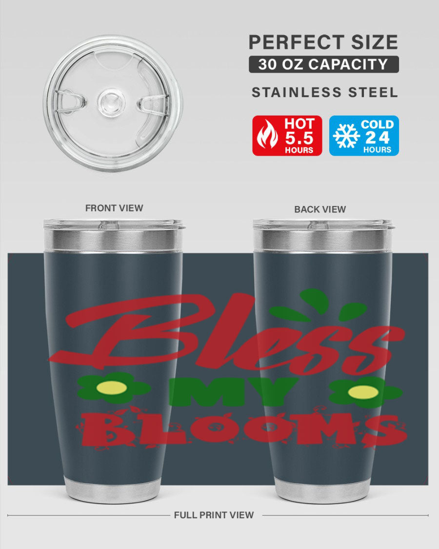 Bless My Blooms 20oz Tumbler featuring double wall vacuum stainless steel with a floral design, perfect for hot and cold beverages.