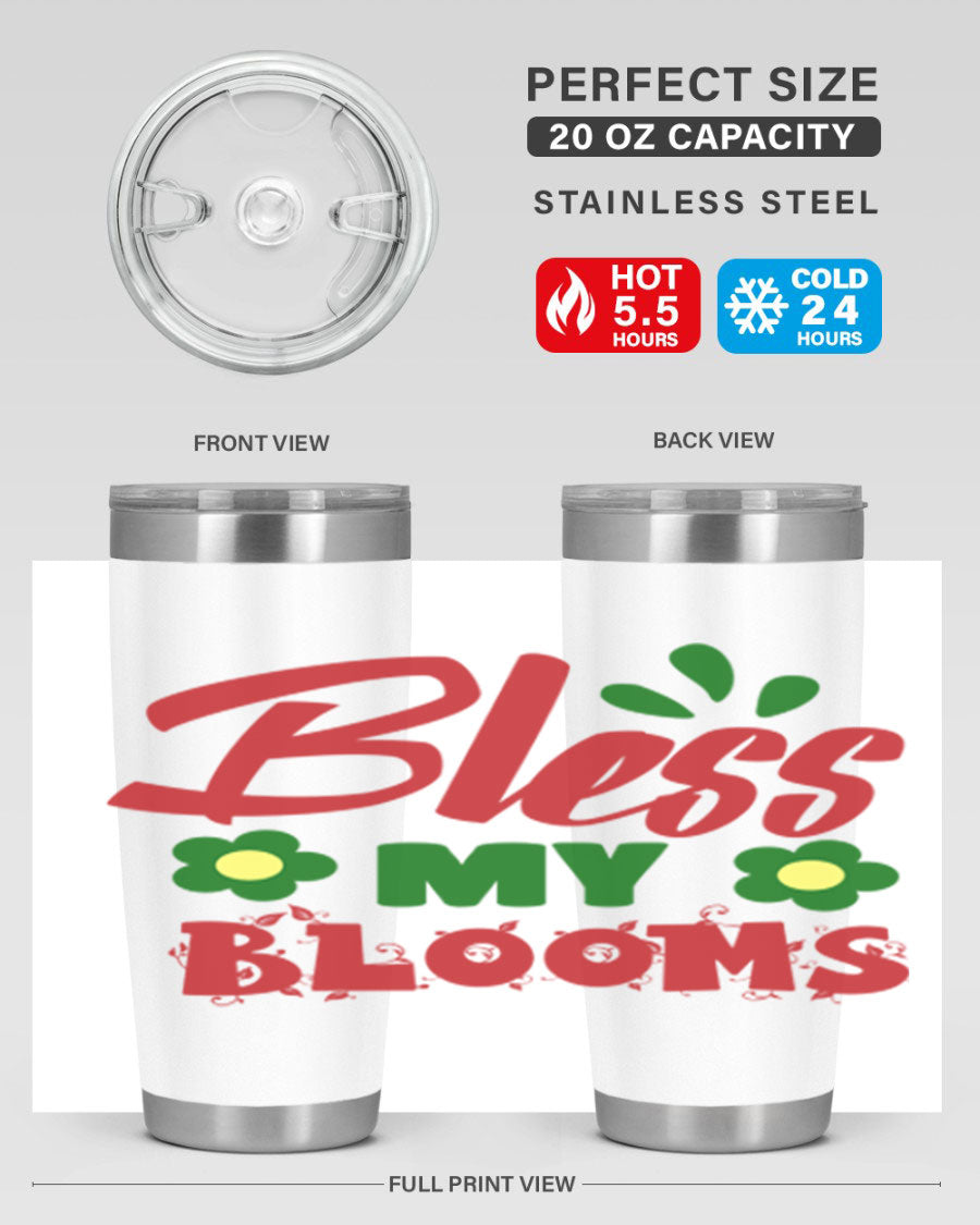 Bless My Blooms 20oz Tumbler featuring double wall vacuum stainless steel with a floral design, perfect for hot and cold beverages.