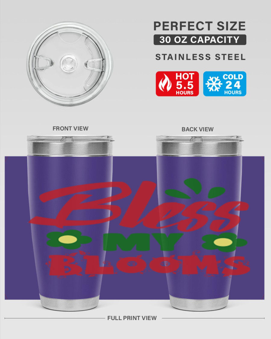 Bless My Blooms 20oz Tumbler featuring double wall vacuum stainless steel with a floral design, perfect for hot and cold beverages.