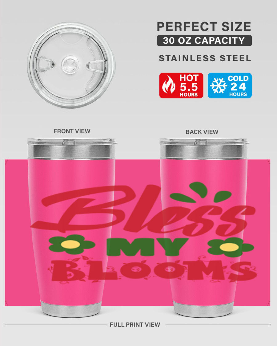 Bless My Blooms 20oz Tumbler featuring double wall vacuum stainless steel with a floral design, perfect for hot and cold beverages.