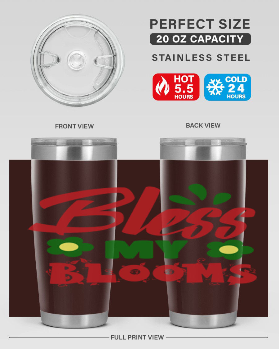 Bless My Blooms 20oz Tumbler featuring double wall vacuum stainless steel with a floral design, perfect for hot and cold beverages.