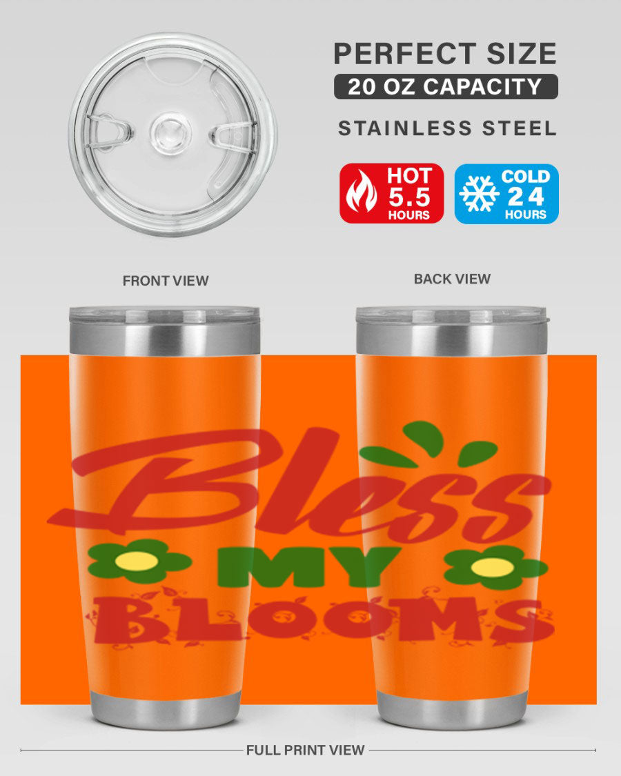 Bless My Blooms 20oz Tumbler featuring double wall vacuum stainless steel with a floral design, perfect for hot and cold beverages.