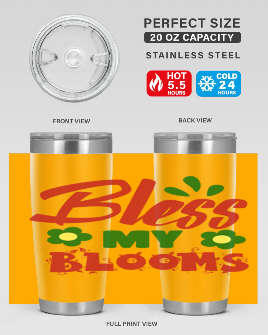 Bless My Blooms 20oz Tumbler featuring double wall vacuum stainless steel with a floral design, perfect for hot and cold beverages.