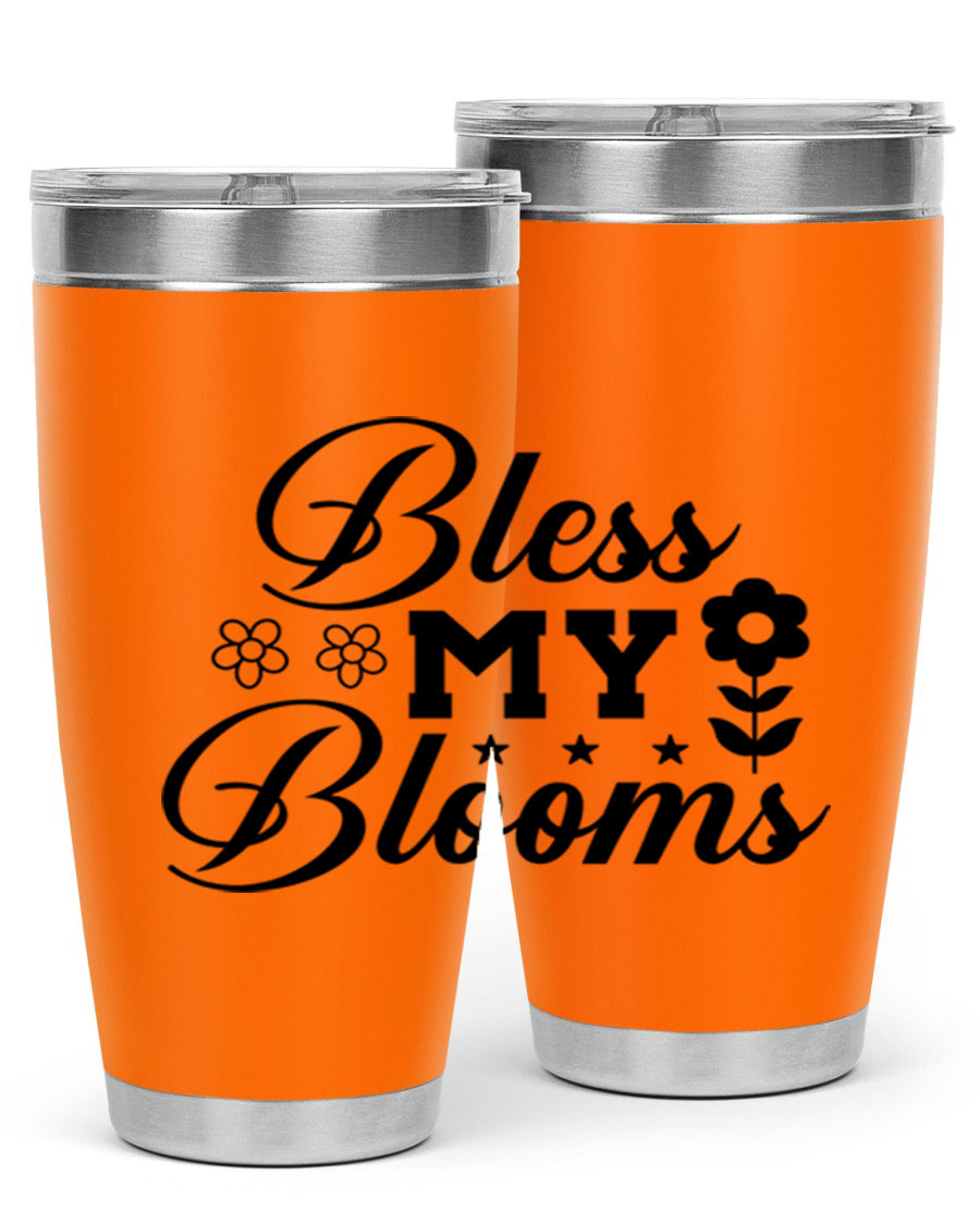 Bless my blooms 20oz tumbler featuring a floral design, double wall vacuum stainless steel construction, and a drink-thru lid.