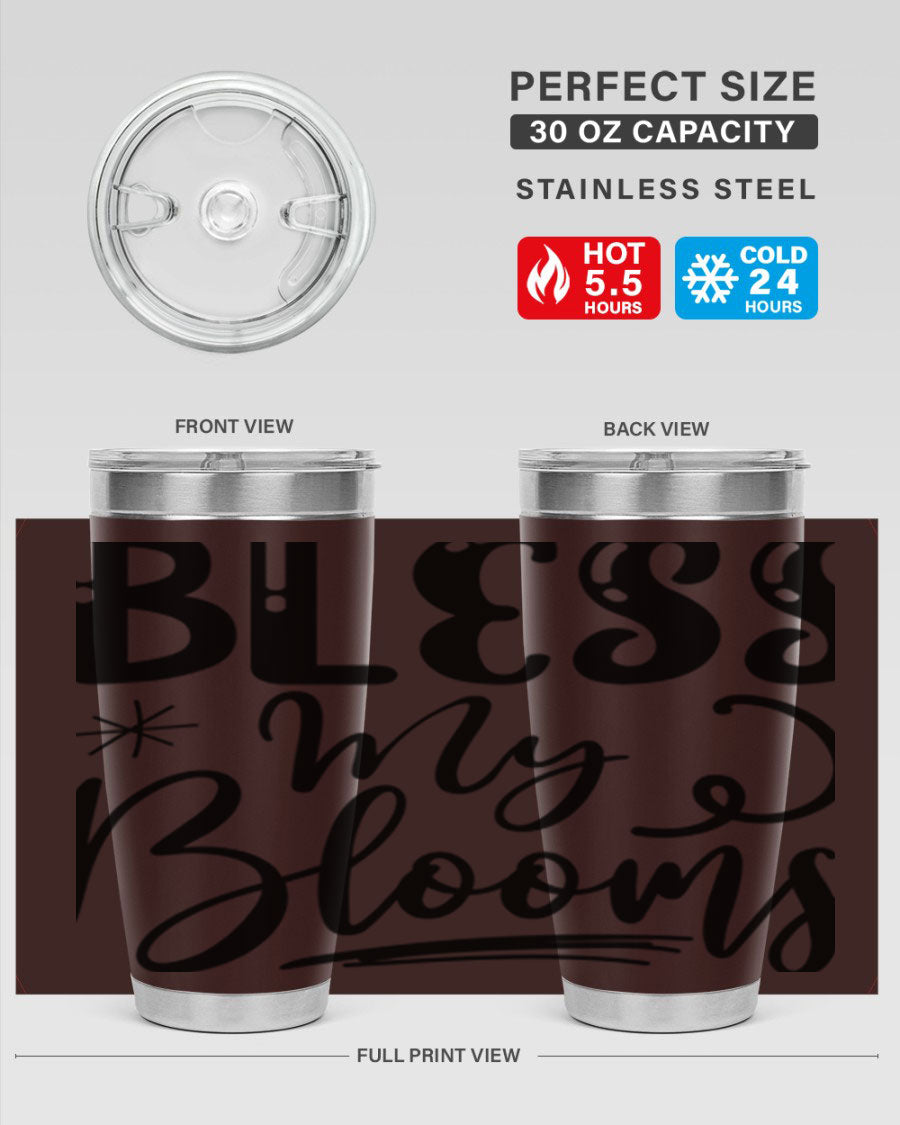 Bless My Blooms 20oz Tumbler in stainless steel with floral design, showcasing its double wall vacuum insulation and drink-thru lid.