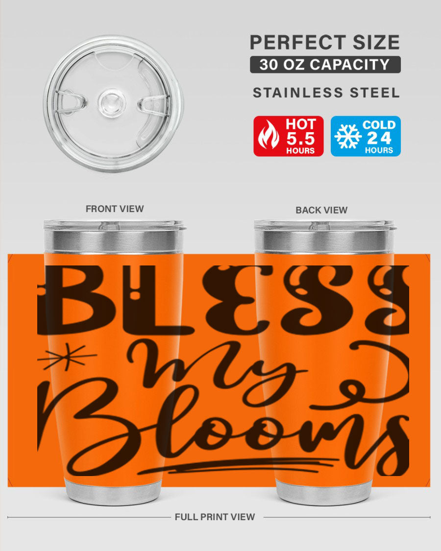 Bless My Blooms 20oz Tumbler in stainless steel with floral design, showcasing its double wall vacuum insulation and drink-thru lid.