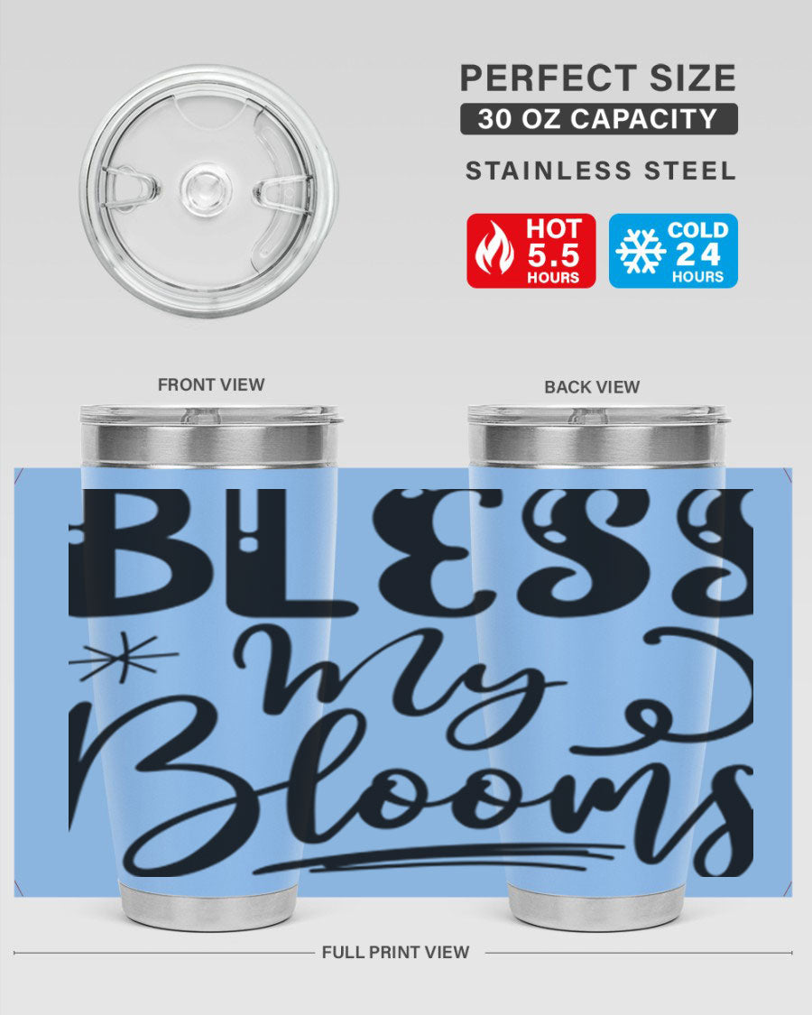 Bless My Blooms 20oz Tumbler in stainless steel with floral design, showcasing its double wall vacuum insulation and drink-thru lid.