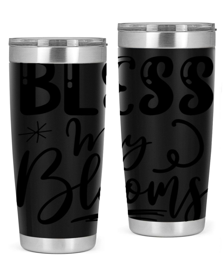 Bless My Blooms 20oz Tumbler in stainless steel with floral design, showcasing its double wall vacuum insulation and drink-thru lid.