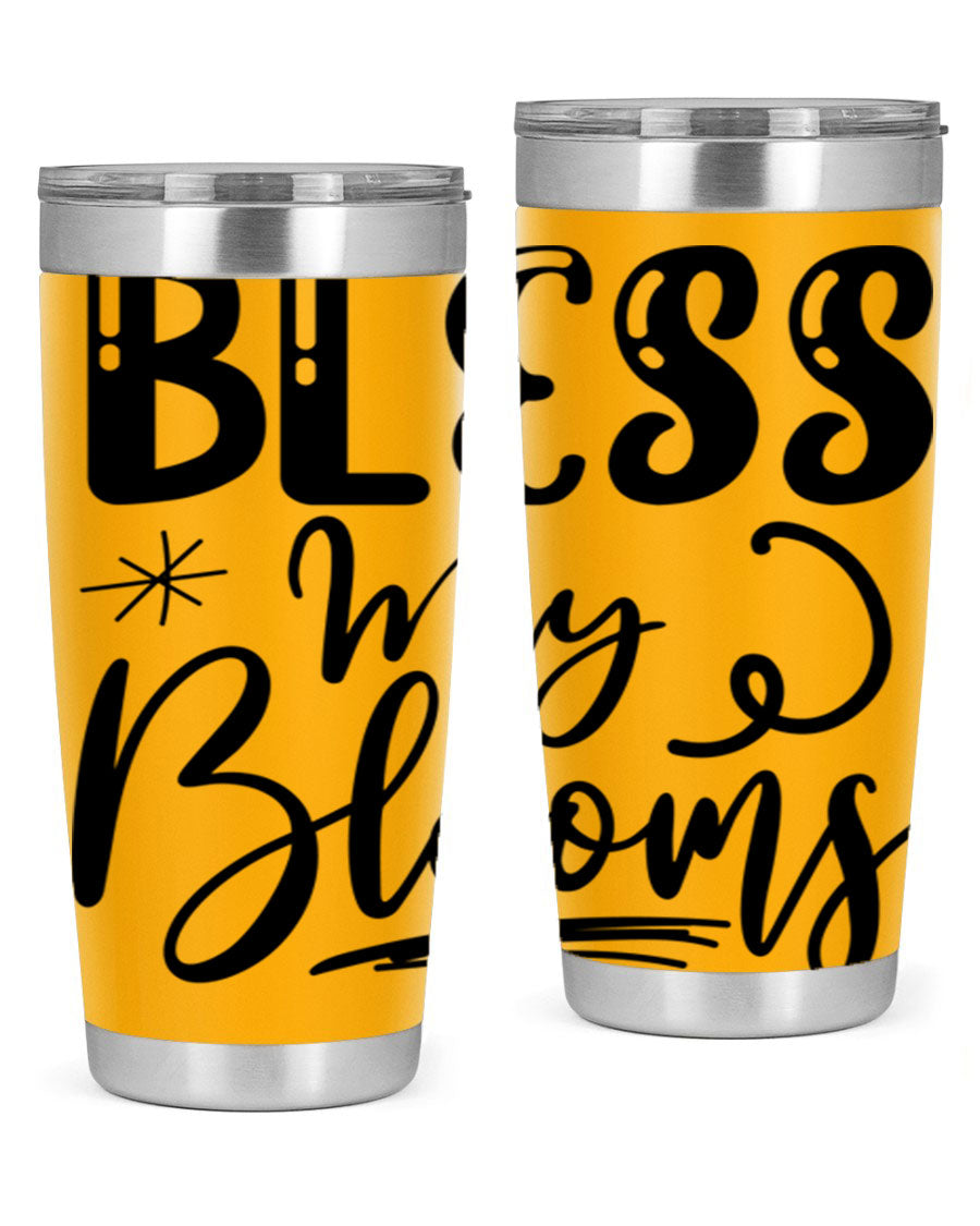 Bless My Blooms 20oz Tumbler in stainless steel with floral design, showcasing its double wall vacuum insulation and drink-thru lid.