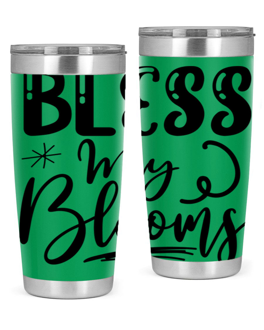 Bless My Blooms 20oz Tumbler in stainless steel with floral design, showcasing its double wall vacuum insulation and drink-thru lid.