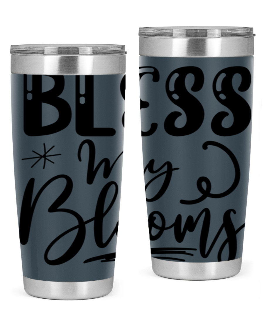 Bless My Blooms 20oz Tumbler in stainless steel with floral design, showcasing its double wall vacuum insulation and drink-thru lid.