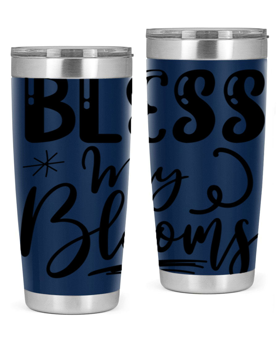 Bless My Blooms 20oz Tumbler in stainless steel with floral design, showcasing its double wall vacuum insulation and drink-thru lid.