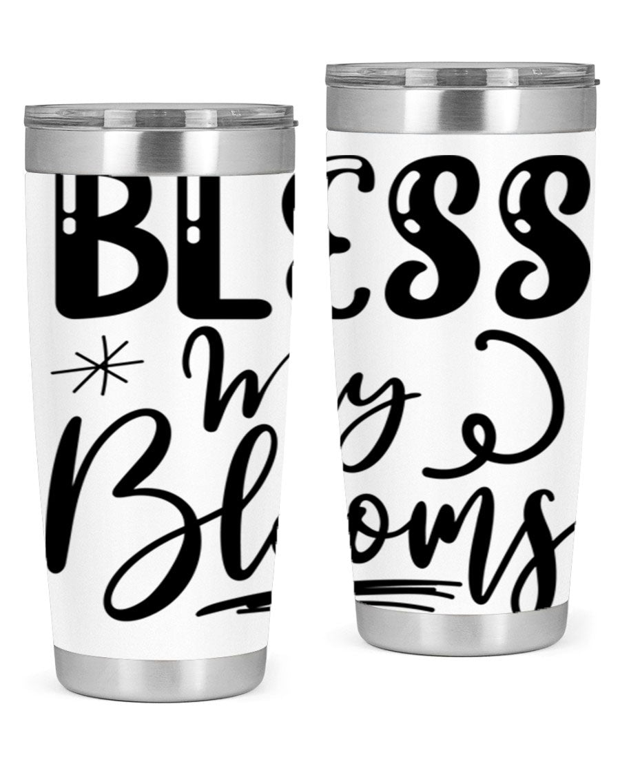 Bless My Blooms 20oz Tumbler in stainless steel with floral design, showcasing its double wall vacuum insulation and drink-thru lid.