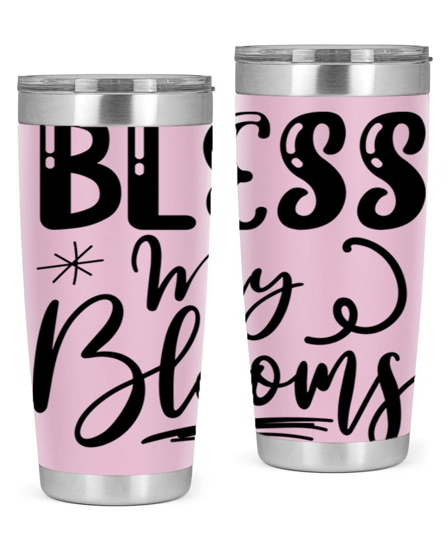 Bless My Blooms 20oz Tumbler in stainless steel with floral design, showcasing its double wall vacuum insulation and drink-thru lid.