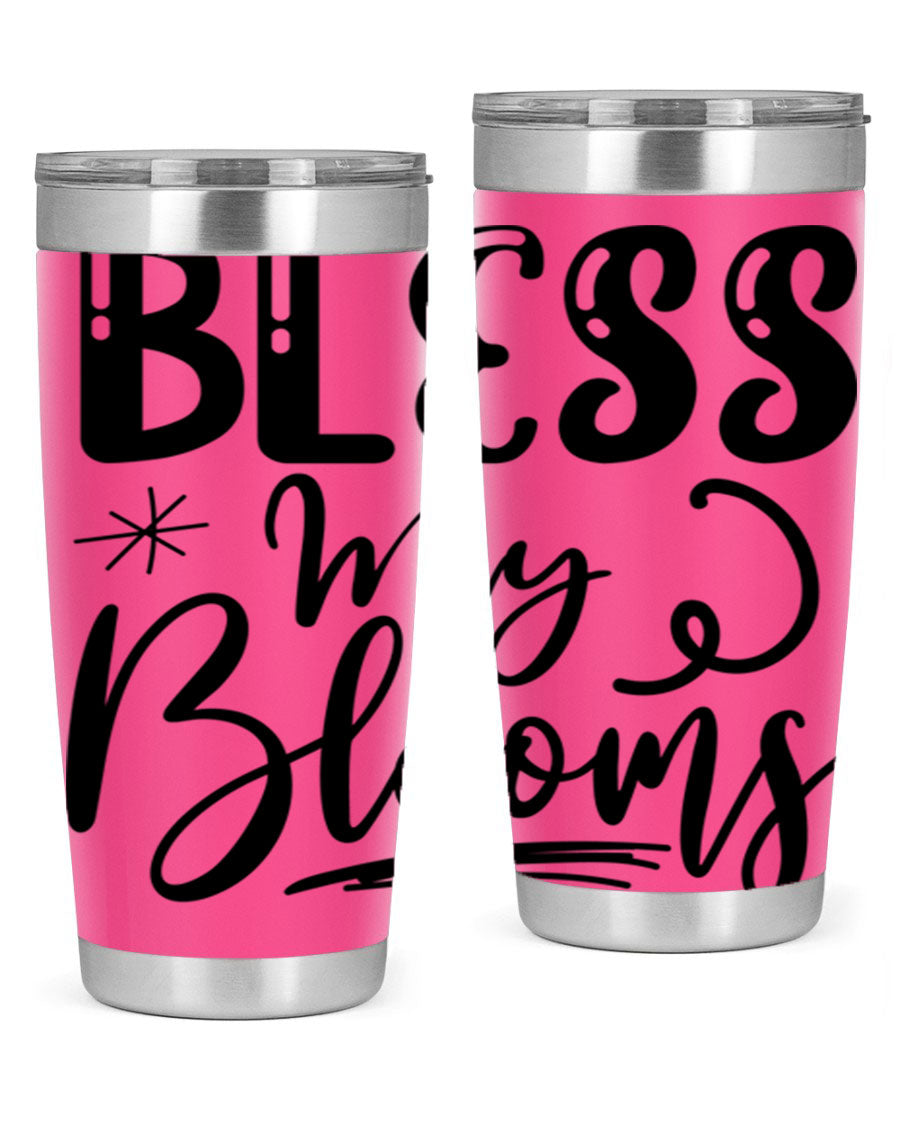 Bless My Blooms 20oz Tumbler in stainless steel with floral design, showcasing its double wall vacuum insulation and drink-thru lid.