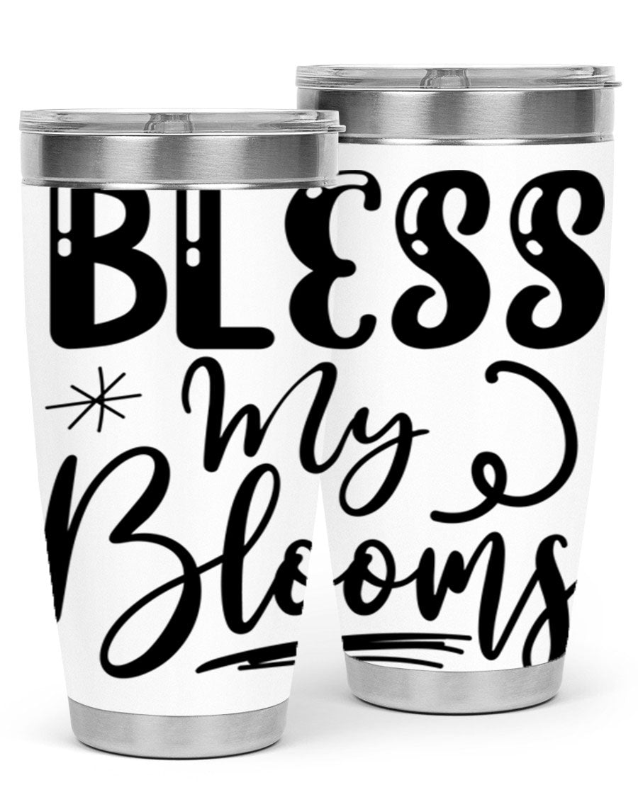 Bless My Blooms 20oz Tumbler in stainless steel with floral design, showcasing its double wall vacuum insulation and drink-thru lid.