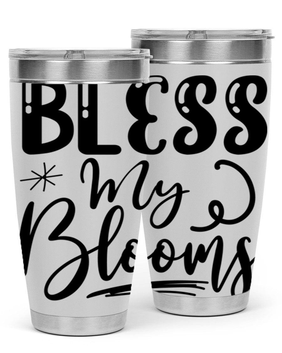 Bless My Blooms 20oz Tumbler in stainless steel with floral design, showcasing its double wall vacuum insulation and drink-thru lid.