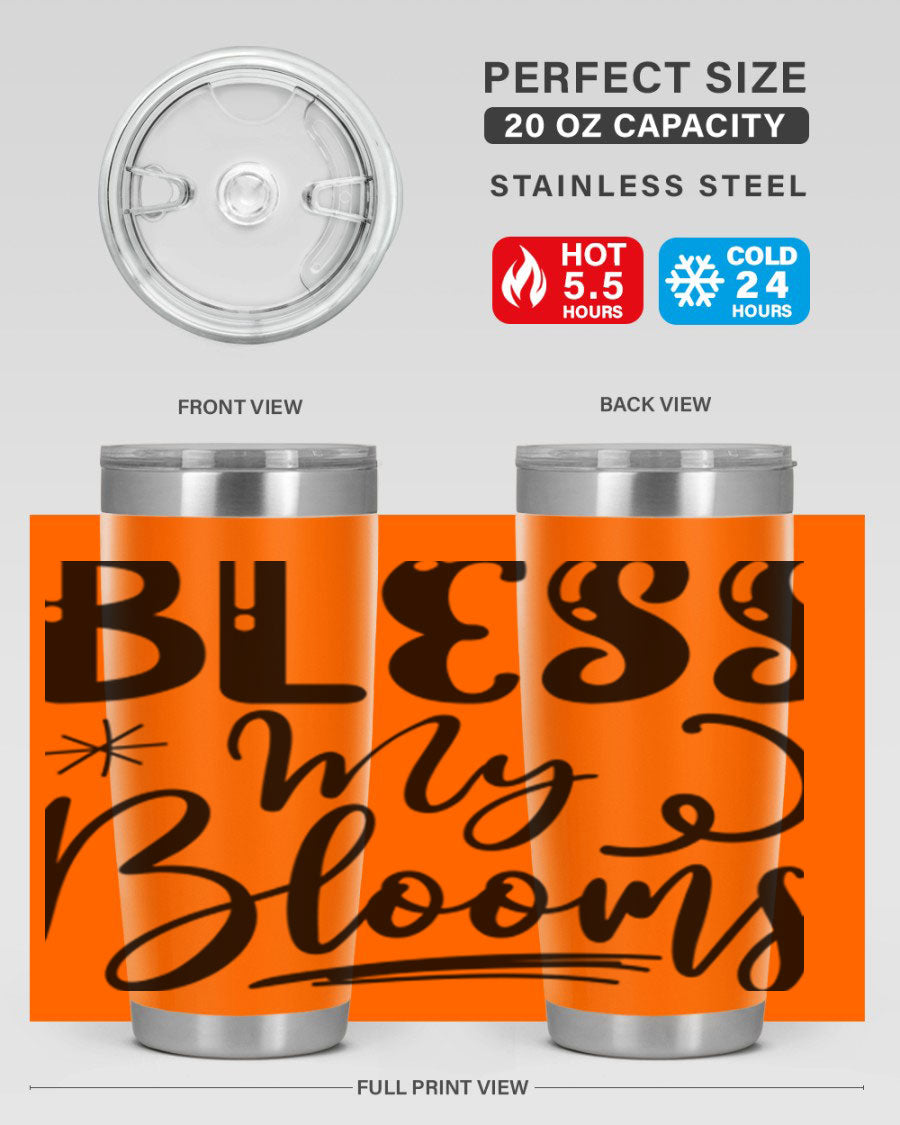 Bless My Blooms 20oz Tumbler in stainless steel with floral design, showcasing its double wall vacuum insulation and drink-thru lid.