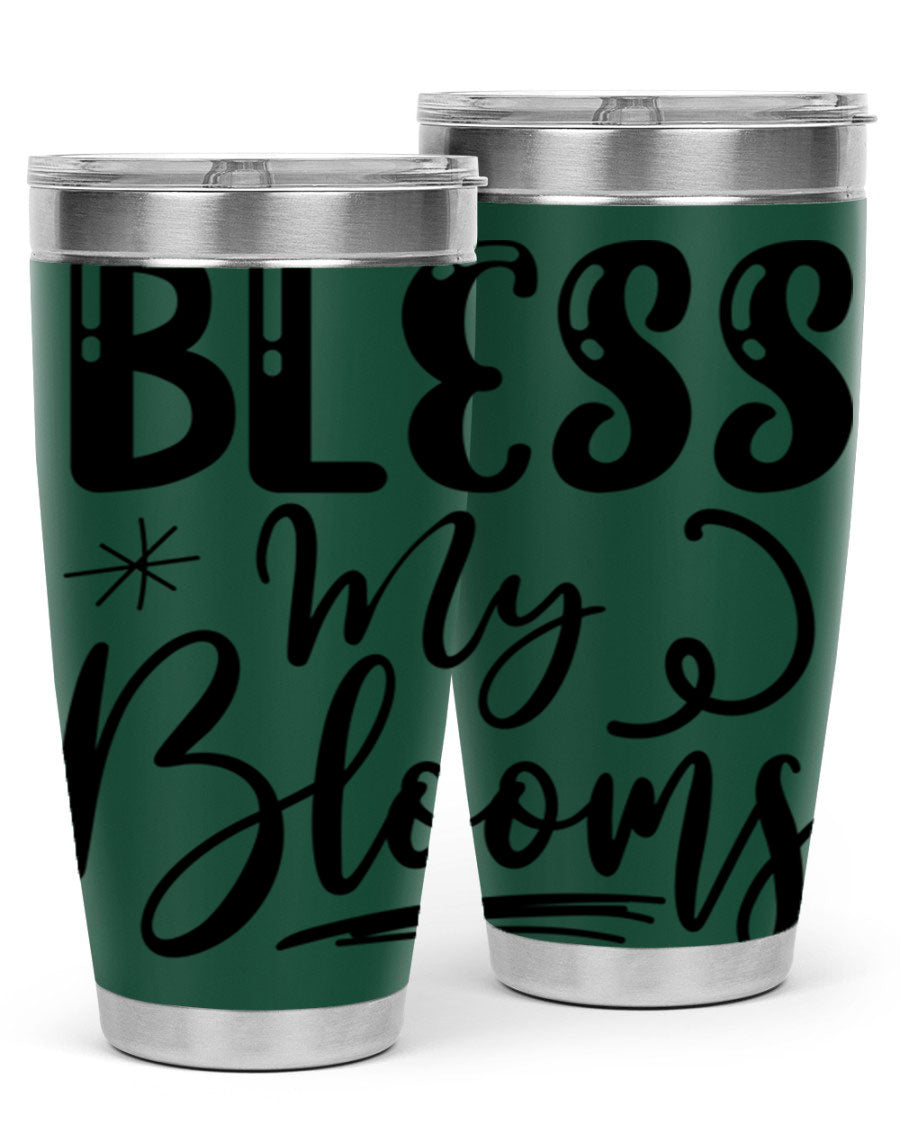 Bless My Blooms 20oz Tumbler in stainless steel with floral design, showcasing its double wall vacuum insulation and drink-thru lid.