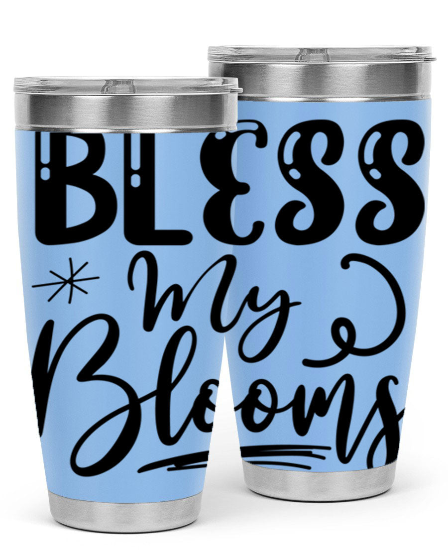 Bless My Blooms 20oz Tumbler in stainless steel with floral design, showcasing its double wall vacuum insulation and drink-thru lid.