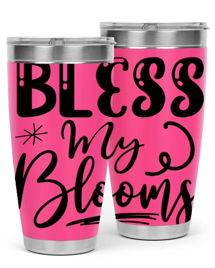 Bless My Blooms 20oz Tumbler in stainless steel with floral design, showcasing its double wall vacuum insulation and drink-thru lid.