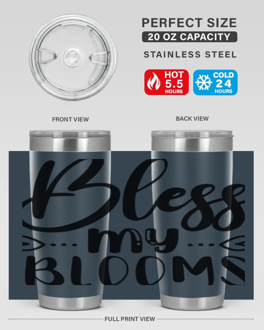 A stylish BLESS MY BLOOMS 20oz tumbler made of stainless steel with a vibrant floral design, featuring a drink-thru lid.