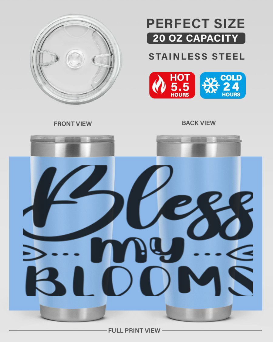 A stylish BLESS MY BLOOMS 20oz tumbler made of stainless steel with a vibrant floral design, featuring a drink-thru lid.