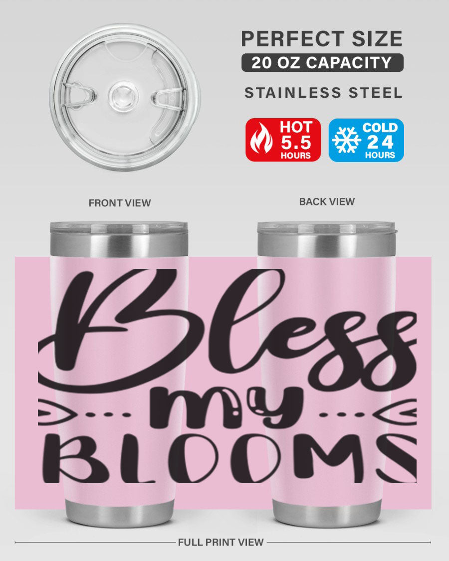 A stylish BLESS MY BLOOMS 20oz tumbler made of stainless steel with a vibrant floral design, featuring a drink-thru lid.