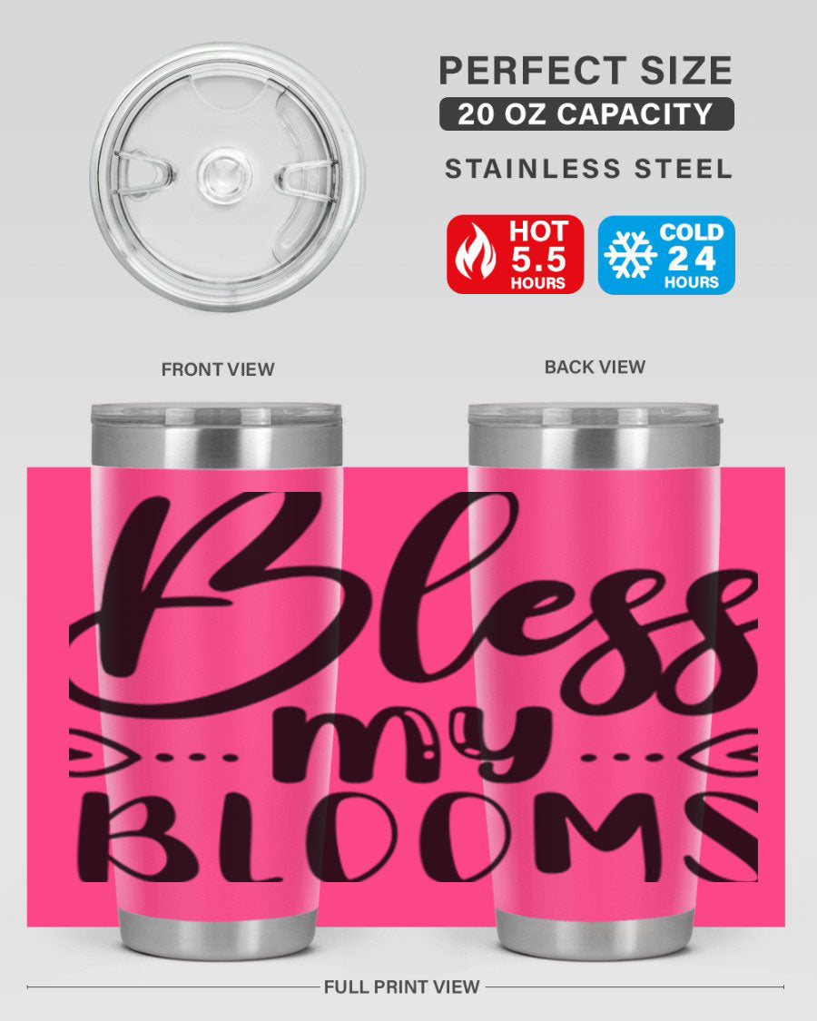 A stylish BLESS MY BLOOMS 20oz tumbler made of stainless steel with a vibrant floral design, featuring a drink-thru lid.