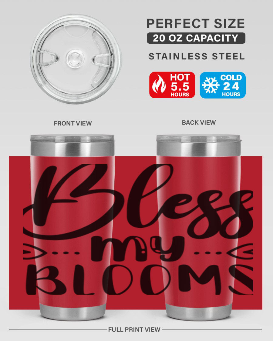 A stylish BLESS MY BLOOMS 20oz tumbler made of stainless steel with a vibrant floral design, featuring a drink-thru lid.