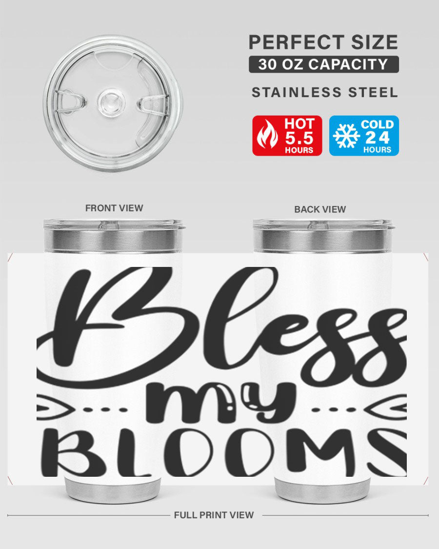 A stylish BLESS MY BLOOMS 20oz tumbler made of stainless steel with a vibrant floral design, featuring a drink-thru lid.