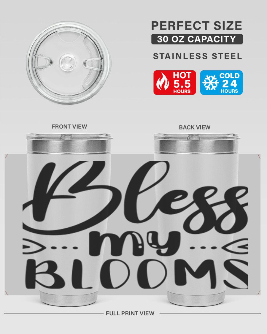 A stylish BLESS MY BLOOMS 20oz tumbler made of stainless steel with a vibrant floral design, featuring a drink-thru lid.