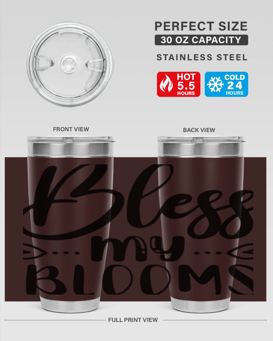 A stylish BLESS MY BLOOMS 20oz tumbler made of stainless steel with a vibrant floral design, featuring a drink-thru lid.