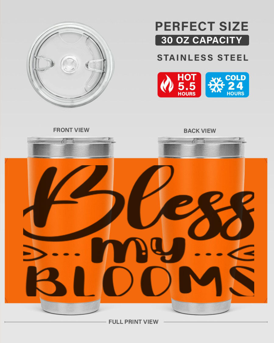 A stylish BLESS MY BLOOMS 20oz tumbler made of stainless steel with a vibrant floral design, featuring a drink-thru lid.