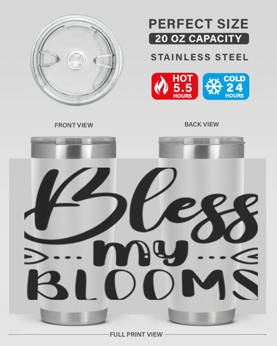 A stylish BLESS MY BLOOMS 20oz tumbler made of stainless steel with a vibrant floral design, featuring a drink-thru lid.