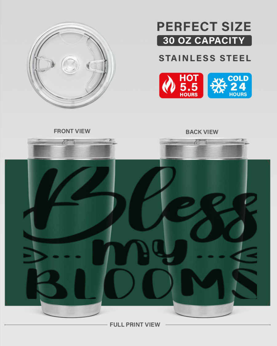 A stylish BLESS MY BLOOMS 20oz tumbler made of stainless steel with a vibrant floral design, featuring a drink-thru lid.